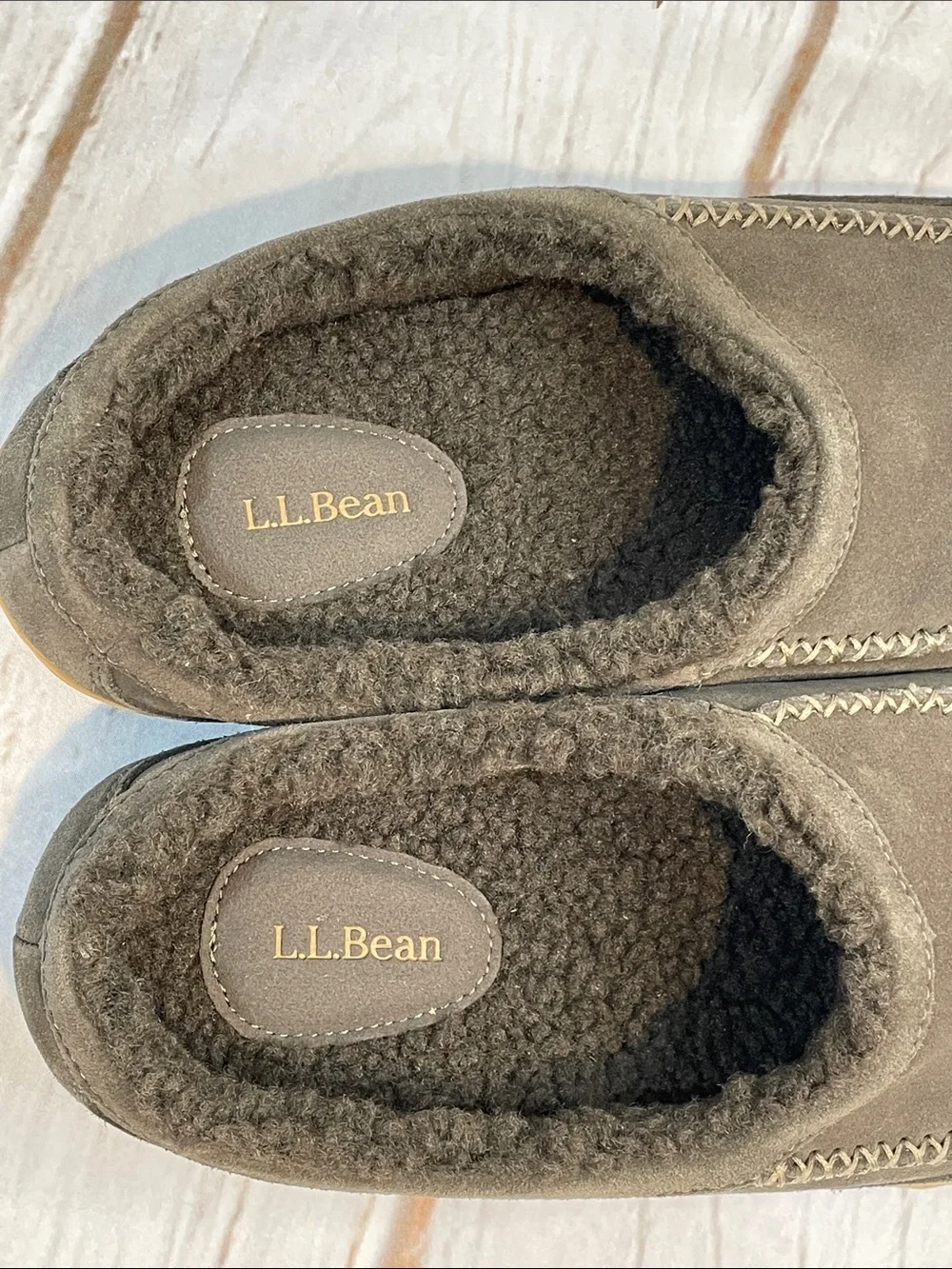 L.L. Bean Mens 10 Suede Slippers Grey Shearling Slip-On Loafers Low Back Cozy